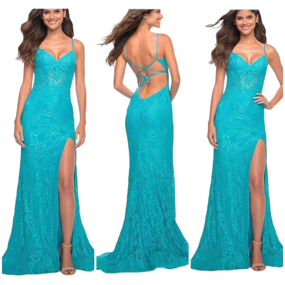 La Femme Dresses & Skirts - La Femme NWT Deep V-Neck Corset Lace Up Back Embroidered Gown Aqua Blue Size 2